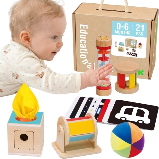Montessori edukacyjne sensoryczne pudełko XXL 6 w 1 TOOKY TOY dla dzieci od urodzenia do 6 miesięcy - 6 szt.
