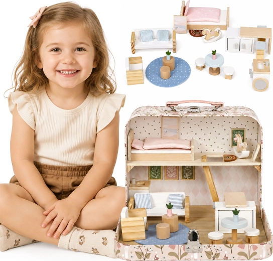 Ecotoys drewniany domek dla lalek w walizce – dwupiętrowy z mebelkami i 20 akcesoriami