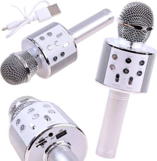 Bezprzewodowy mikrofon karaoke Bluetooth z wbudowanym głośnikiem – srebrny