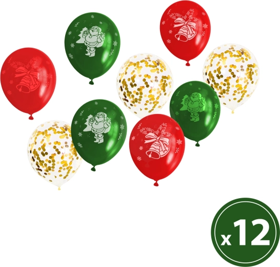Zestaw świątecznych balonów w kolorze czerwonym, zielonym i złotym, 12 szt.