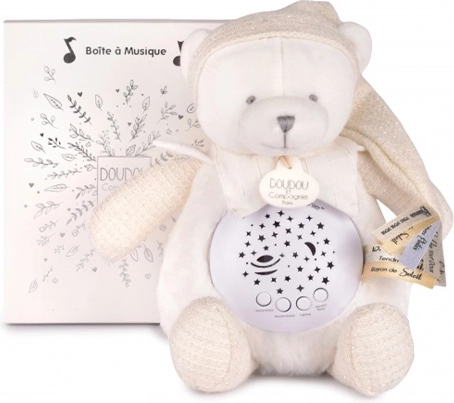 Doudou et Compagnie muzyczna lampka nocna z projekcją gwiazd – biały miś – zestaw prezentowy