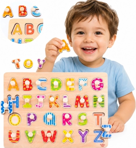 Drewniane puzzle Montessori TOOKY TOY do wkładania – alfabet z uchwytami