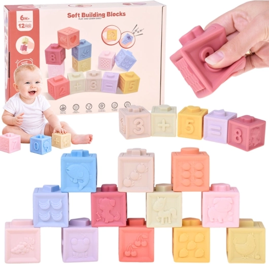 Miękkie kostki sensoryczne w pastelowych kolorach - 12 szt.