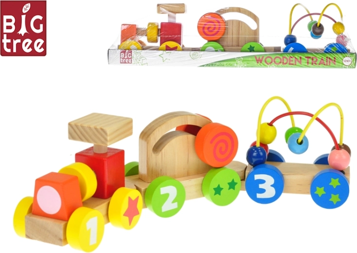 Drewniany pociąg do ciągnięcia z wagonikami 33 cm – edukacyjna zabawka dla dzieci od 12 miesięcy