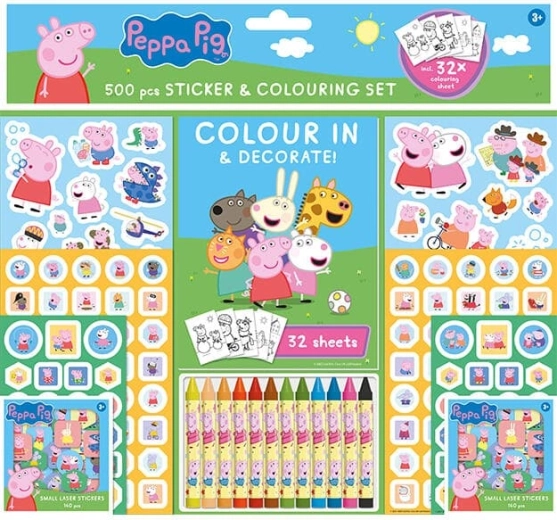 Zestaw naklejek z kolorowankami i kredkami woskowymi Świnka Peppa (500 szt.)