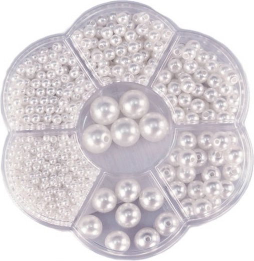 Koraliki do nawlekania metaliczne białe w pudełku 1150 szt. (3–12 mm)