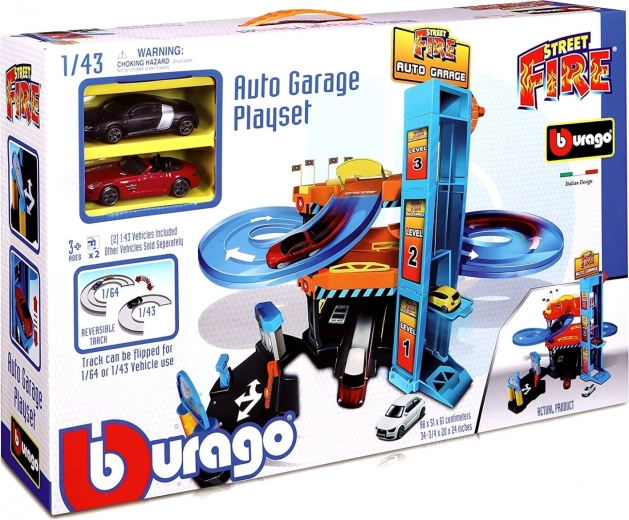 Bburago zjazdowy garaż samochodowy z rampą i windą 1:43