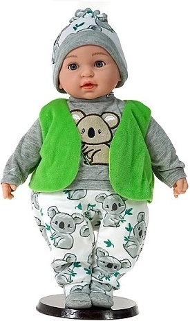 Mówiąca lalka bobas z polskimi dźwiękami w zielonej kamizelce 45 cm