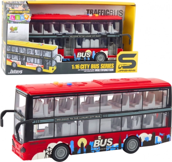 Miejski autobus piętrowy 1:16 z napędem frykcyjnym, światłami i dźwiękami – czerwony