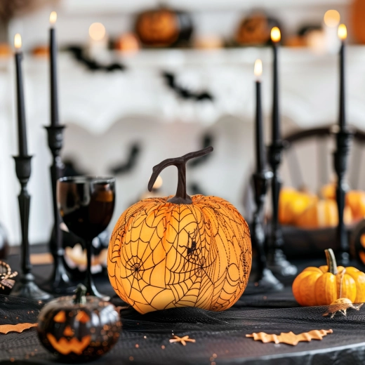 Halloweenowa dynia dekoracyjna z pajęczyną 16,5 cm