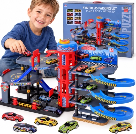 Duży wielopoziomowy garaż parkingowy z windą, rampami i samochodzikami