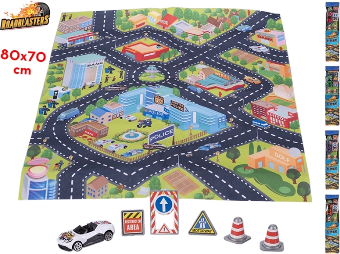 Dywan drogowy Roadblasters 80 × 70 cm z autkiem i znakami