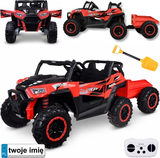 Dziecięcy elektryczny buggy 4x4 dla dwojga z przyczepką – czerwony