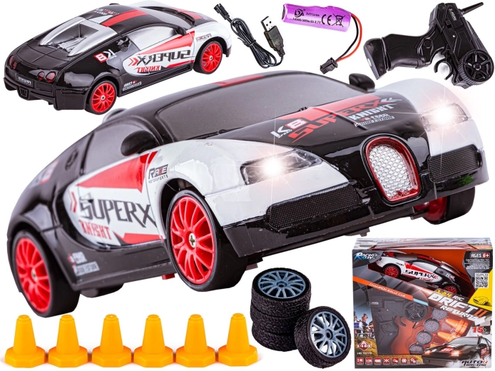 Auto RC drift 1:24 4WD 2,4 GHz w stylu Bugatti czarno-białe - 1 szt.