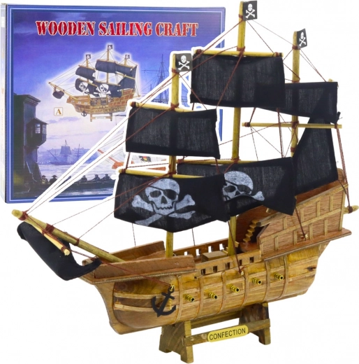 Dekoracyjny kolekcjonerski model pirackiego statku z czarnymi żaglami 33x29 cm