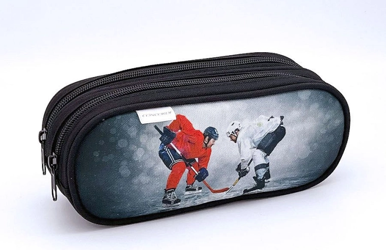 Piórnik z motywem hokeja na lodzie, 2 zamki, szary