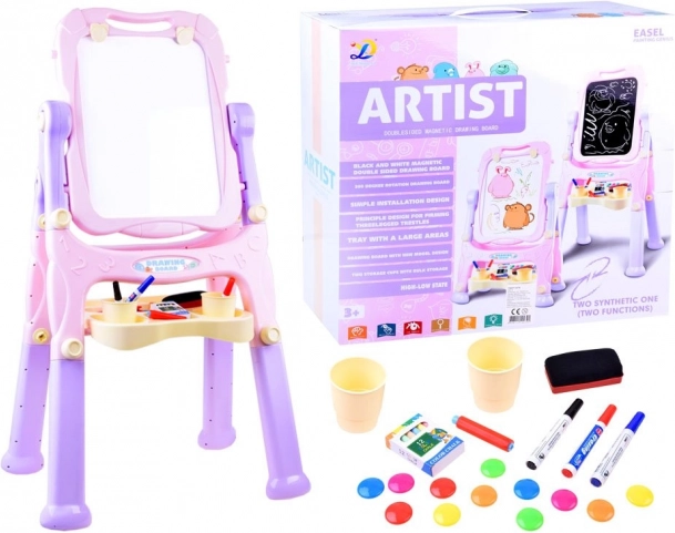 Dziecięca dwustronna magnetyczna i kredowa sztaluga-tablica – Różowy