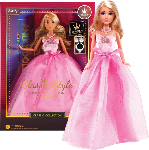 Modna lalka w sukni wieczorowej – długiej różowej