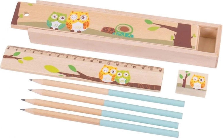 Drewniane piórnik z sówkami Bigjigs Toys – niebieski
