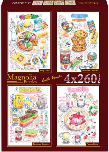 Puzzle Magnolia: babka, ciasteczka potworki, tęczowe ciasteczka i panna cotta 4×260 elementów