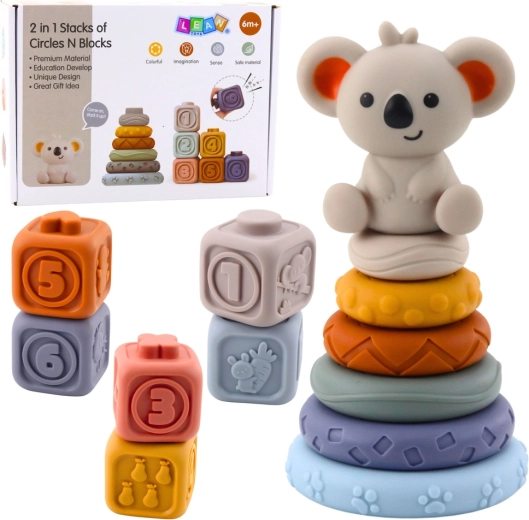 Wieża sensoryczna i miękkie silikonowe klocki koala 13 elementów