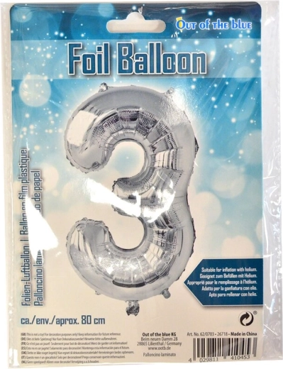 Srebrny balon foliowy cyfra 3, 80 cm