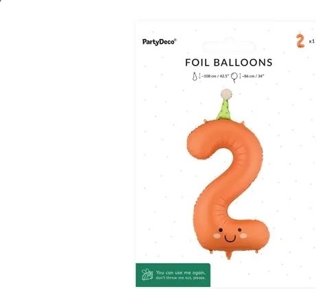 PartyDeco foliowy balon cyfra 2 pomarańczowy z buźką 86 cm