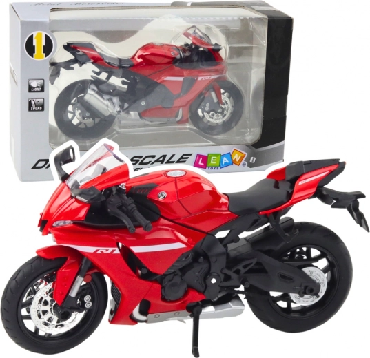 Sportowy metalowy motocykl czerwony z oświetleniem i dźwiękami R1 1:12