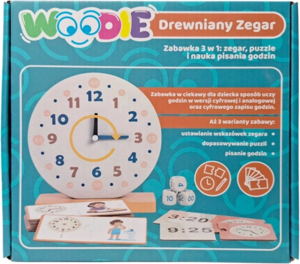Drewniany edukacyjny zegar WOODIE 3w1