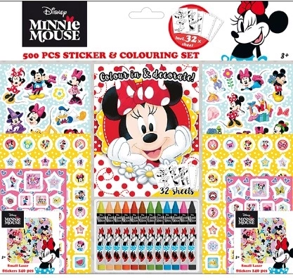 Zestaw naklejek z kolorowankami i kredkami woskowymi Minnie – 500 szt.