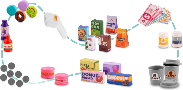 Bogaty zestaw akcesoriów do zabawy w sklep