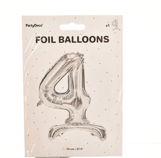 Stojący foliowy balon cyfra 4 srebrny 70 cm