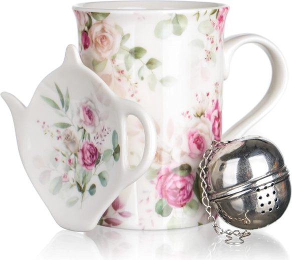 Zestaw do herbaty z różami 340 ml – ceramiczny kubek, sitko ze stali nierdzewnej i spodek