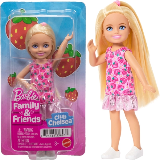 Barbie Club Chelsea blondynka w truskawkowej sukience 14 cm
