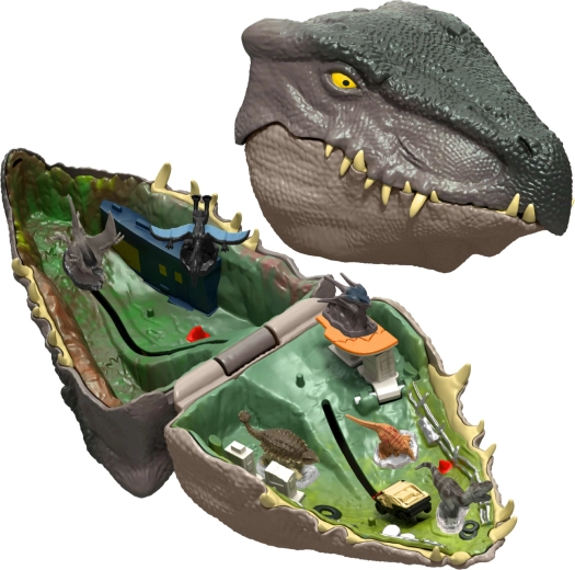Przenośna głowa dinozaura skrywająca świat zabawy