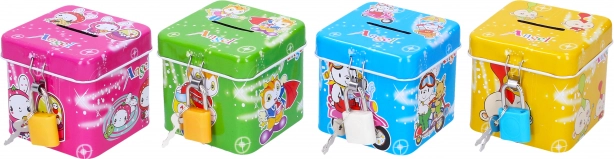 Metalowa skarbonka z zamkiem, kostka 6,5 × 6 cm, różne kolory