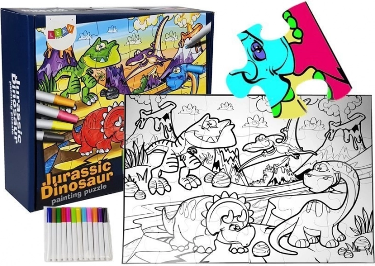 Puzzle do kolorowania Dinozaury z markerami