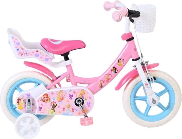 Rower dziecięcy 12" Disney Princess z bocznymi kółkami, koszykiem i siodełkiem dla lalki