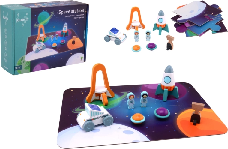 Jouéco drewniana stacja kosmiczna – zestaw puzzli z figurkami