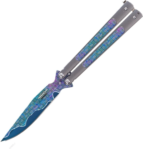 Składany nóż motylkowy JOKER Butterfly, 10,8 cm, całkowicie metalowy, tęczowy dekor