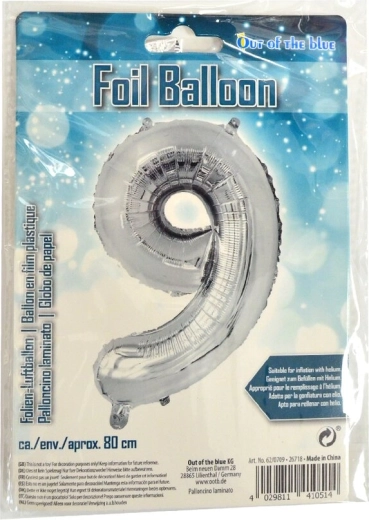 Foliowy balon cyfra 9 srebrny 80 cm