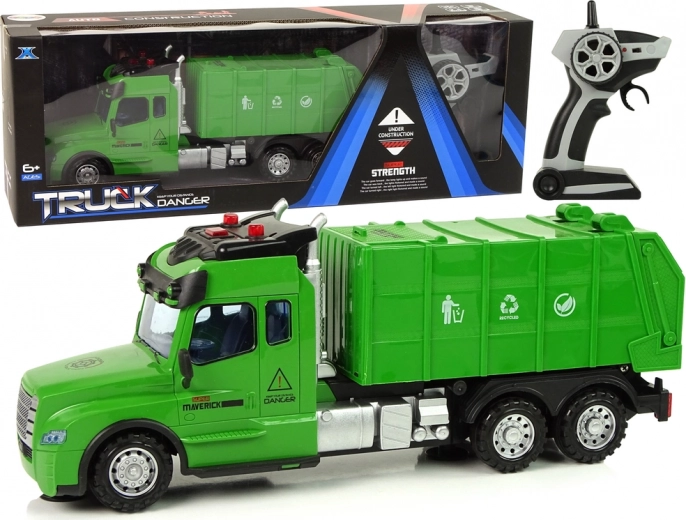 Zielona zdalnie sterowana śmieciarka z oświetleniem i dźwiękami 2,4G