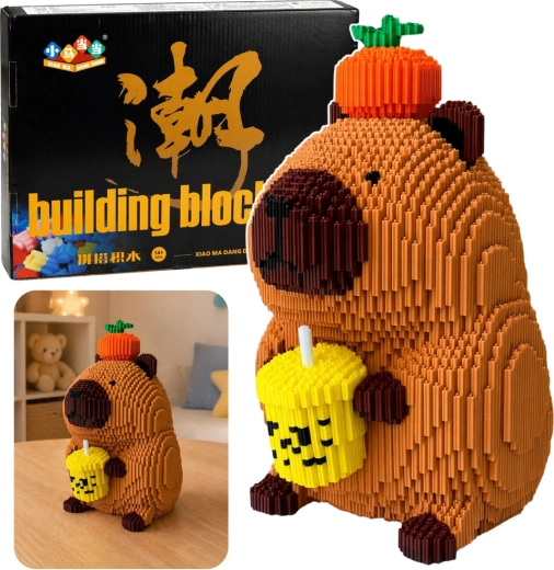 Konstrukcyjne mikroklocki kapibara z szejkiem (jabłko) – figurka 3D 25 cm, 3900 elementów