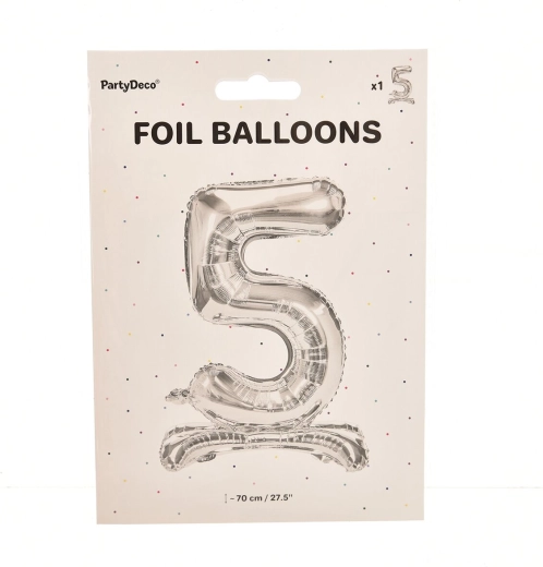 Stojący foliowy balon cyfra 5 srebrny 70 cm