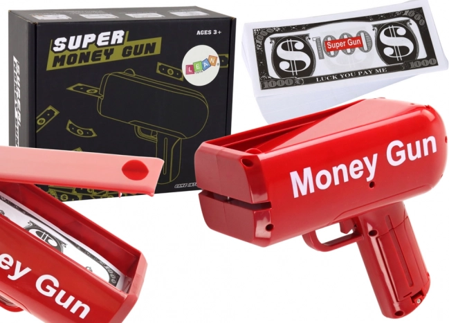 Strzelająca wyrzutnia pieniędzy Money Gun – czerwona imprezowa wyrzutnia banknotów