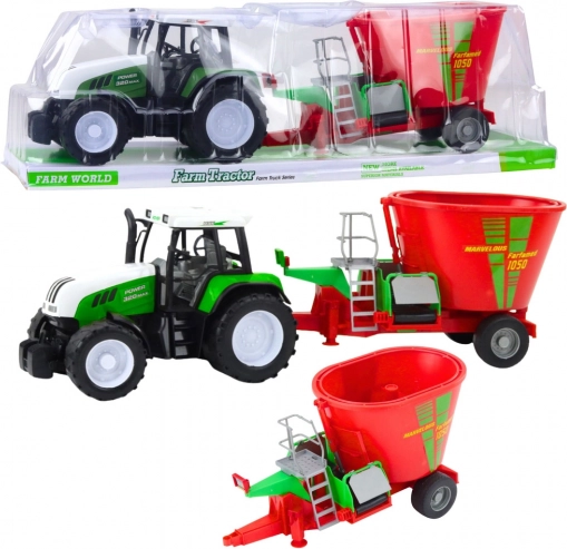 Zielony traktor z przyczepą i mieszalnikiem paszy 60 cm
