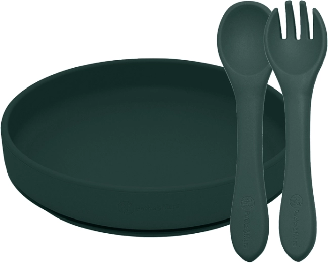 Petite&Mars silikonowy zestaw do karmienia Take&Match misty green: talerz z przyssawką + sztućce (6m+)