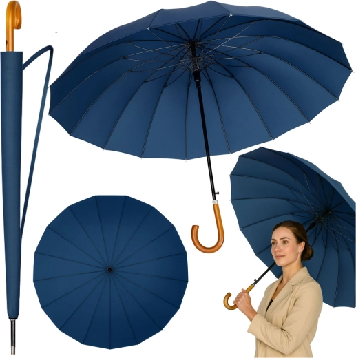 Duży automatyczny długi parasol 24 żeber, granatowy, 115 cm z pokrowcem na ramię