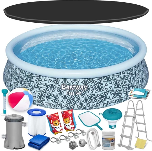 Nadmuchiwany basen BESTWAY Fast Set 457 × 107 cm z wzorem rattanowym – rodzinny zestaw 18w1