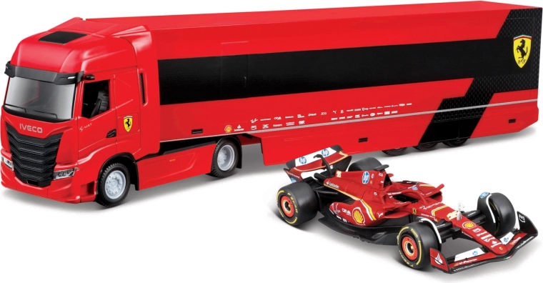 Bburago Ferrari wyścigowy ciągnik siodłowy Iveco z naczepą i F1 Ferrari SF-24 2024 (Charles Leclerc) 1:43